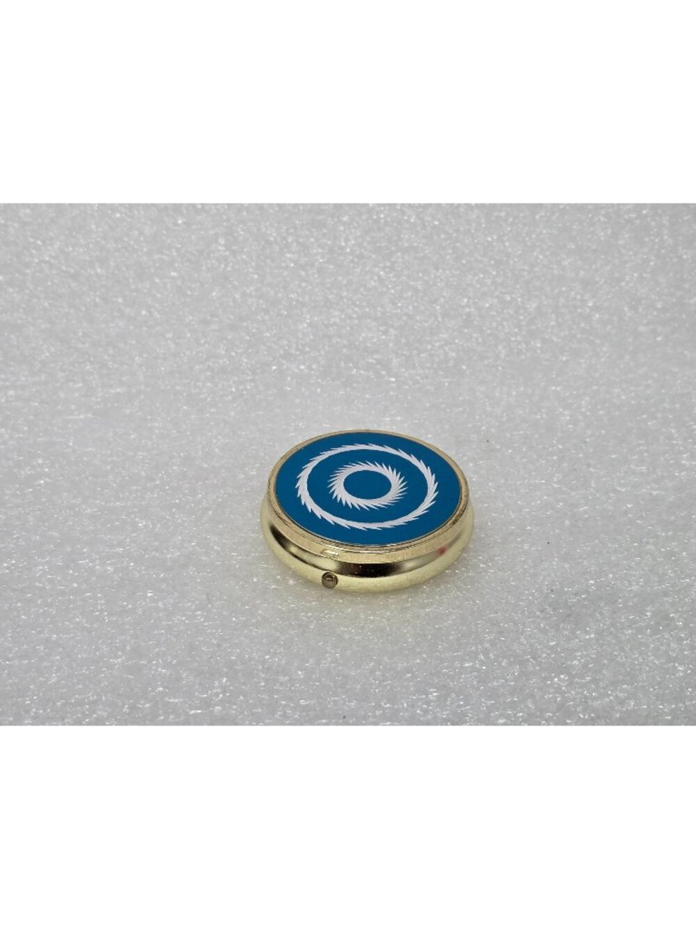 Vintage Gold-Tone Round Pill Box With Blue Enamel Design & 3 Compartments